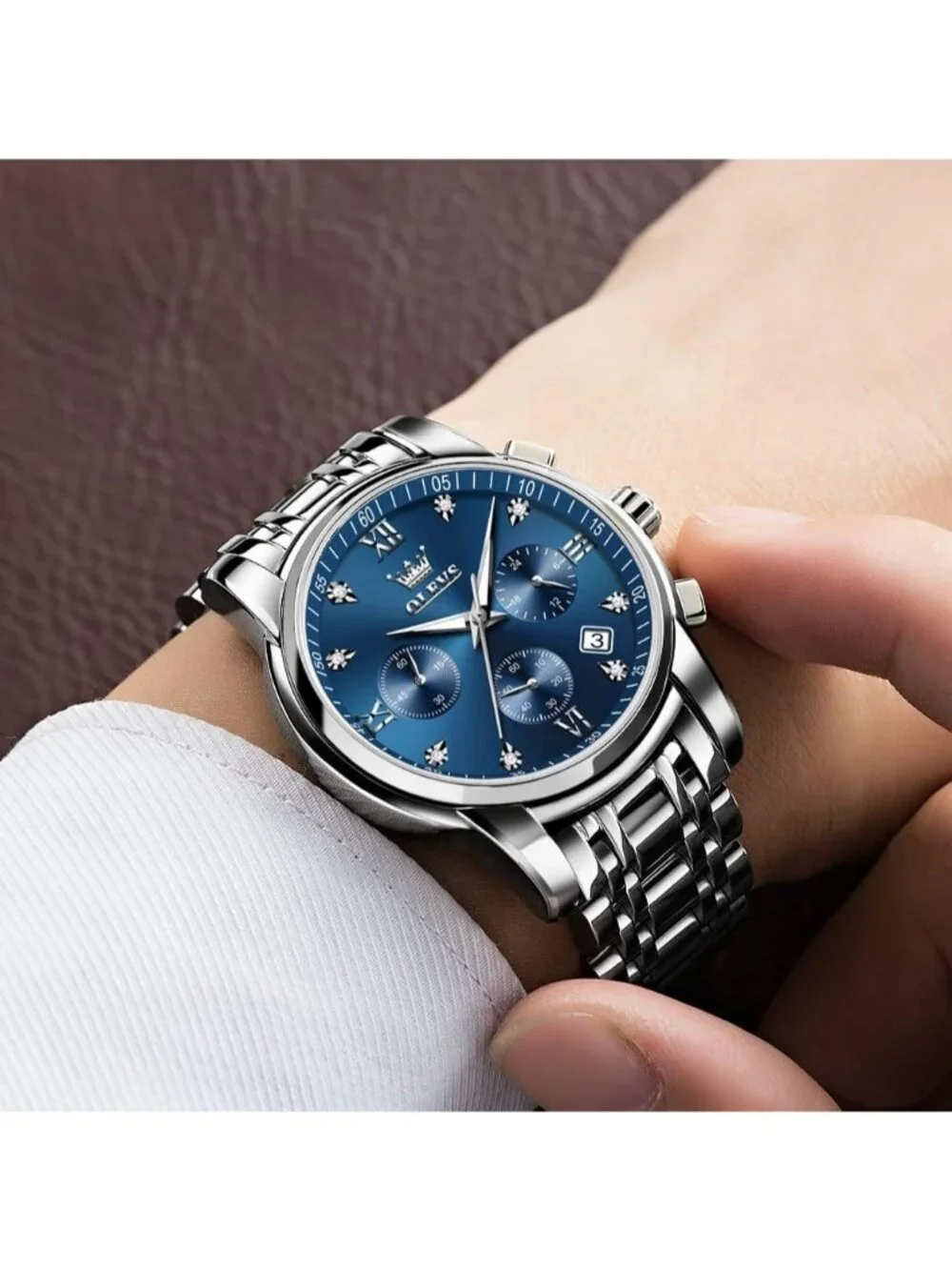 Men's Blue Face/Silver Strap Stainless Steel Chronograph Waterproof Dress Watch